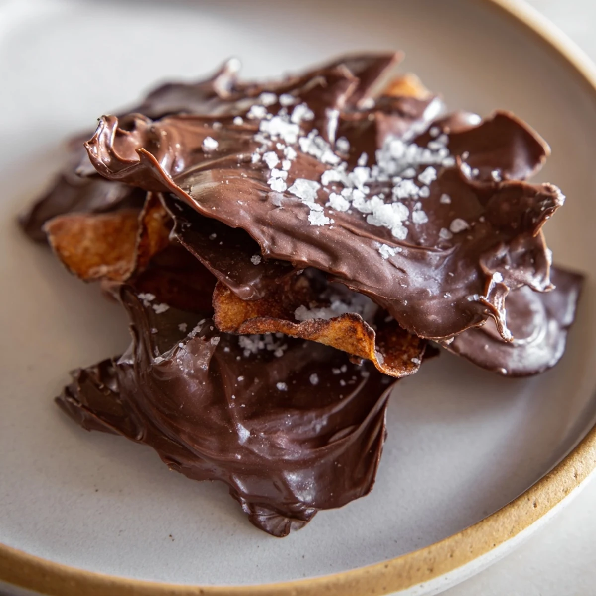 Crispy salted potato chips covered in dark chocolate, a homemade Chocolate Potato Chip Bark.