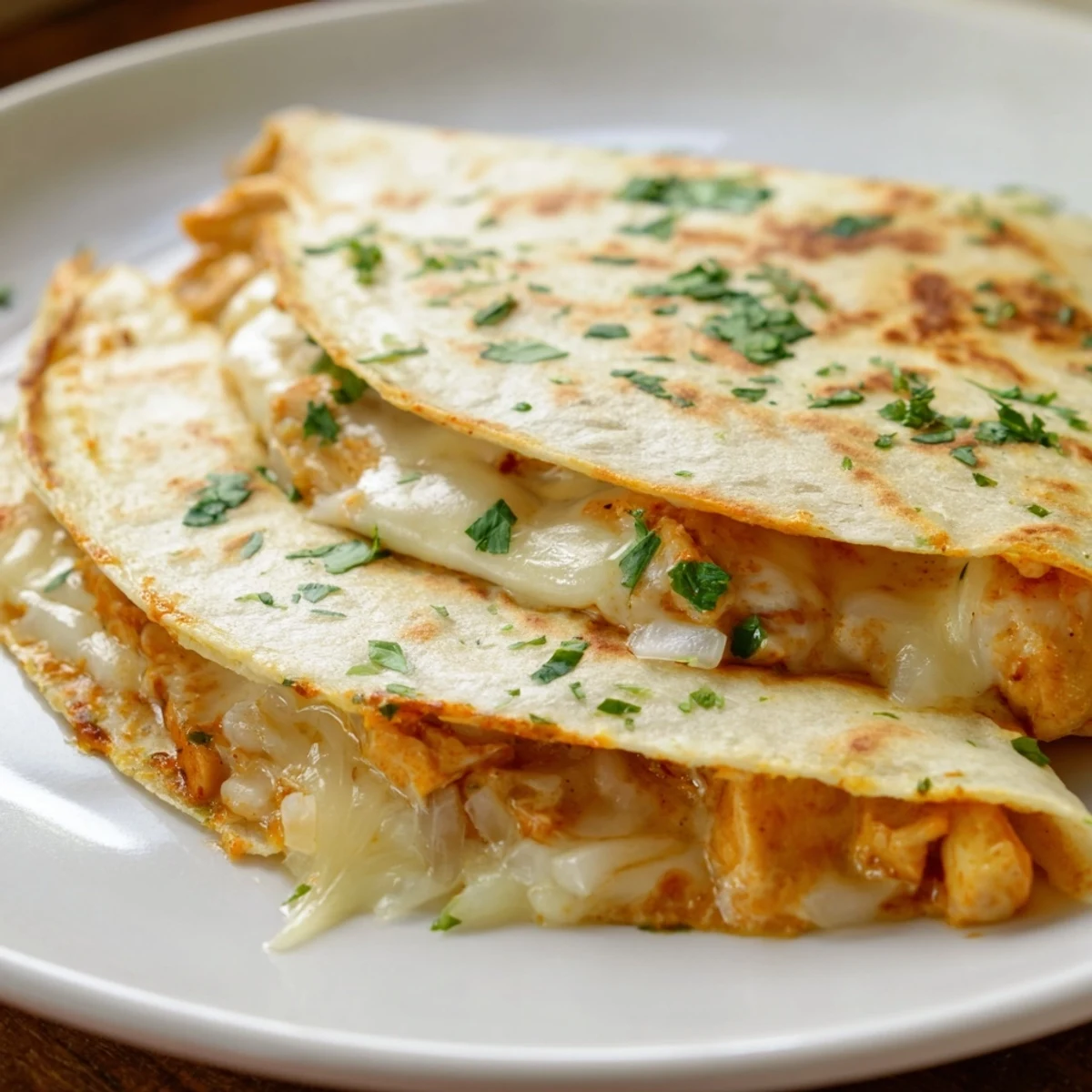 Close-up of a deliciously cheesy Butter Chicken Quesadilla, highlighting that warm, spiced filling.