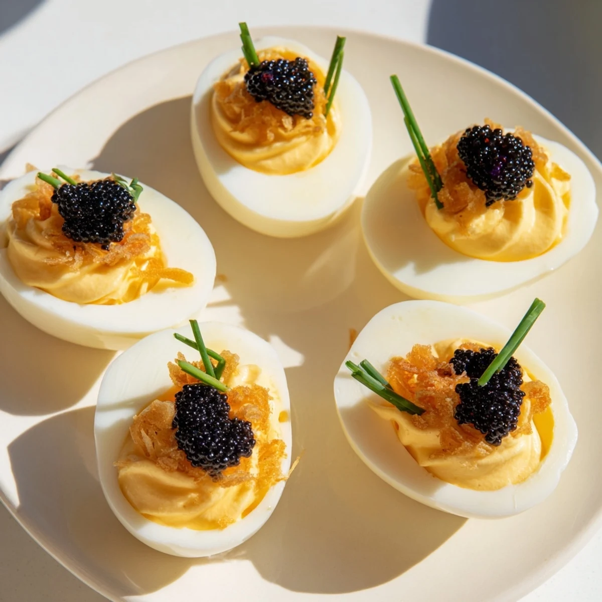 Elegant presentation of deviled eggs with caviar, crispy shallots, creamy filling atop the egg whites.