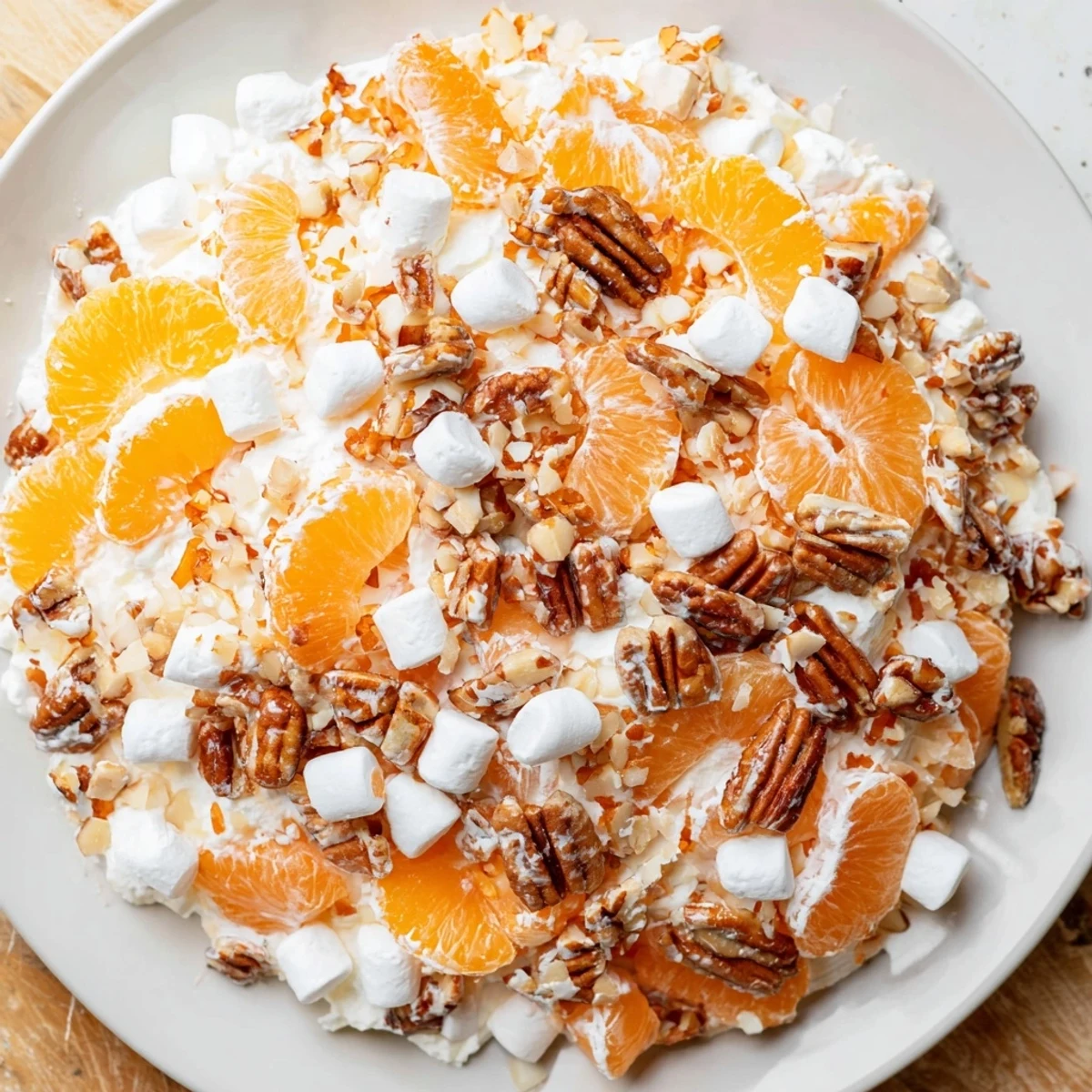 Luscious close-up of the refreshing, chilled Elevated Ambrosia Salad, piled with sweet marshmallows and whipped cream.