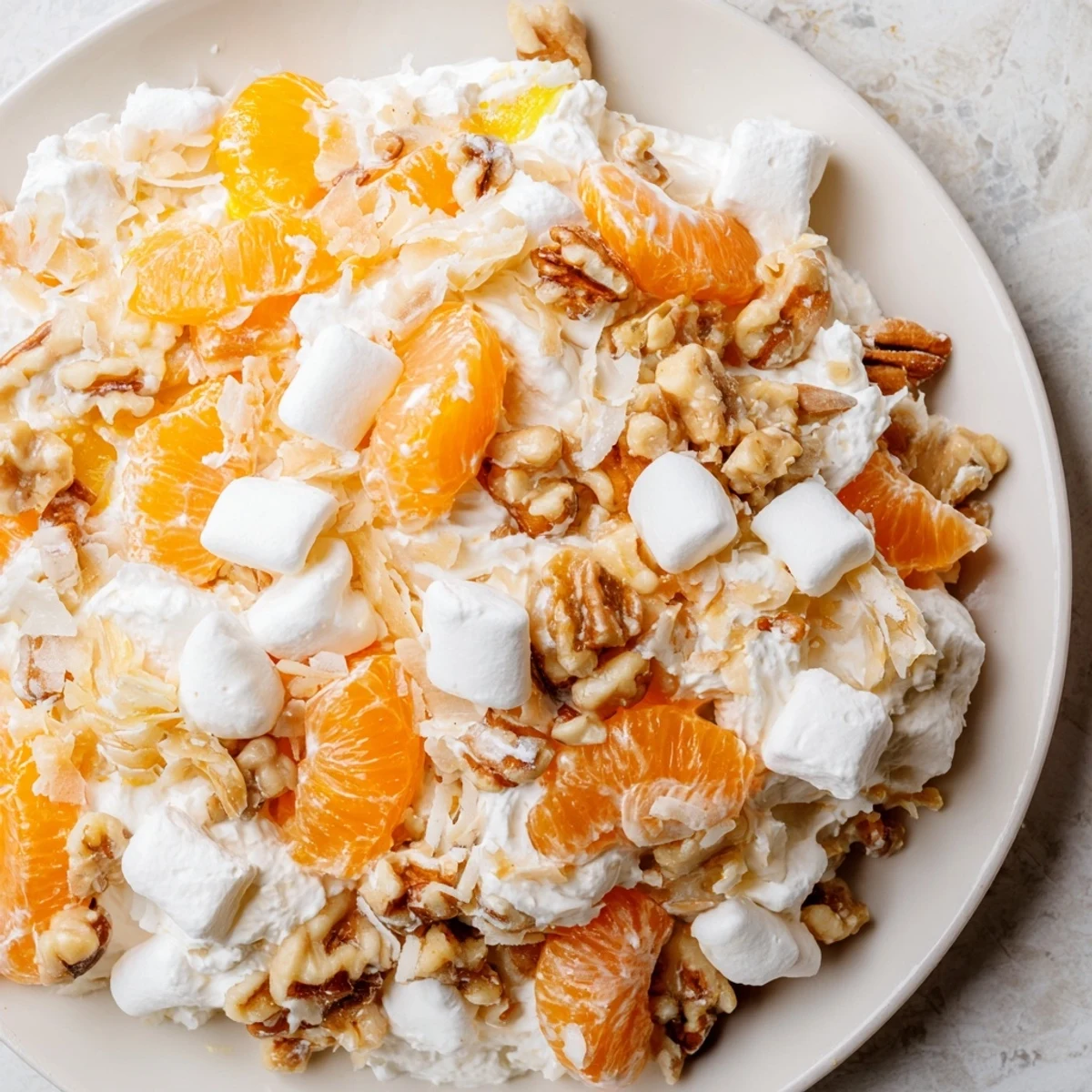 Creamy Elevated Ambrosia Salad, filled with juicy mandarin oranges and toasted pecans; a perfect dessert.