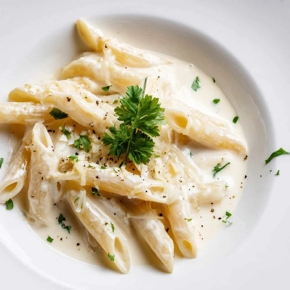 Creamy Milk Pasta One-Pot in a white skillet, garnished with fresh parsley and a sprinkle of Parmesan.  