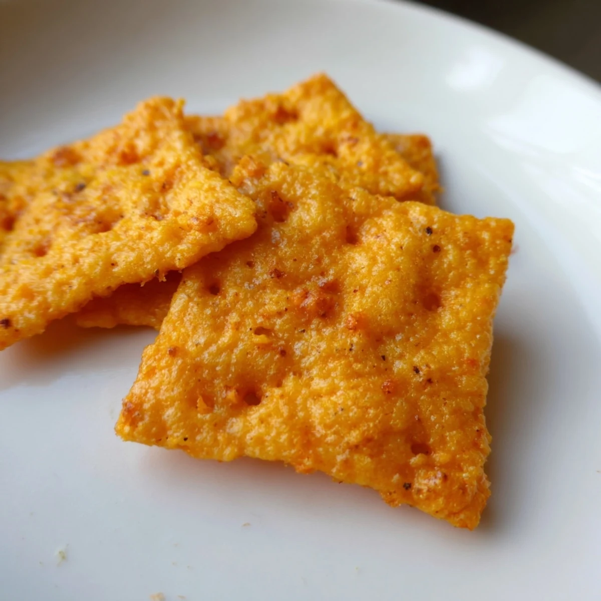 Golden-brown Crispy Cheeto Cheese Crackers rest on a cooling rack, showcasing their crunchy texture and vibrant orange hue.  