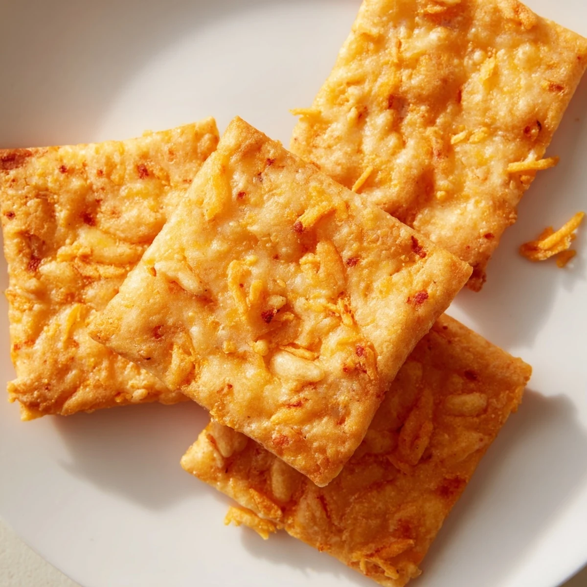 Homemade Crispy Cheeto Cheese Crackers arranged in a pile, perfect for a party snack or movie night spread.