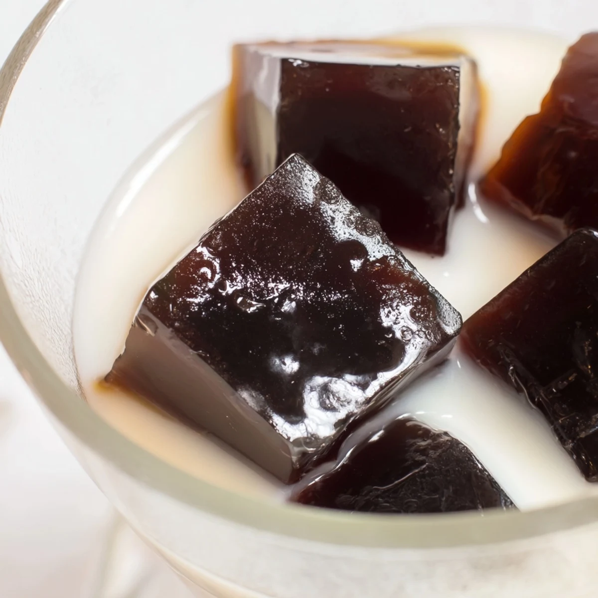 Coffee Jelly Dessert cubes glistening, served in a glass with a drizzle of sweetened cream.