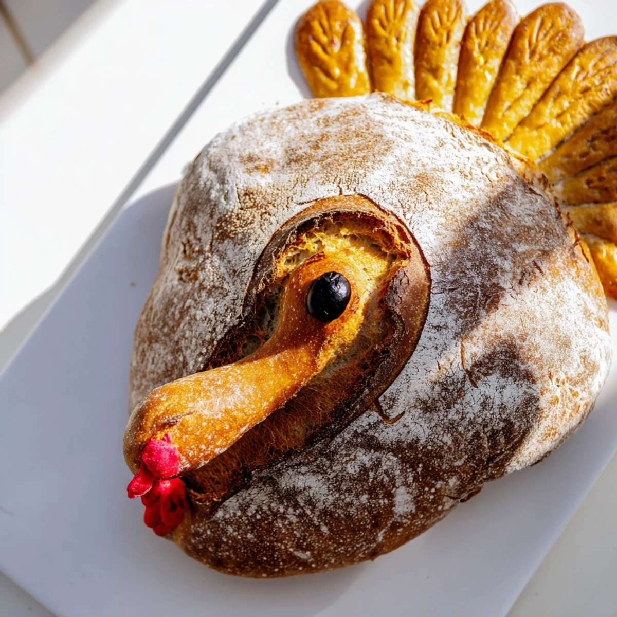 A detailed view of artisan turkey sourdough bread, featuring a crispy exterior, soft crumb, and olive pieces for eyes.  