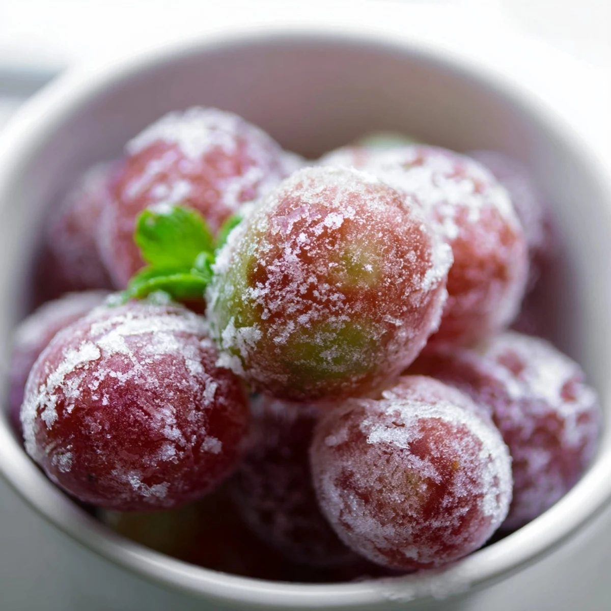A bowl of Frozen Grapes Spa Treat garnished with fresh mint, perfect for spa days or cooling down.