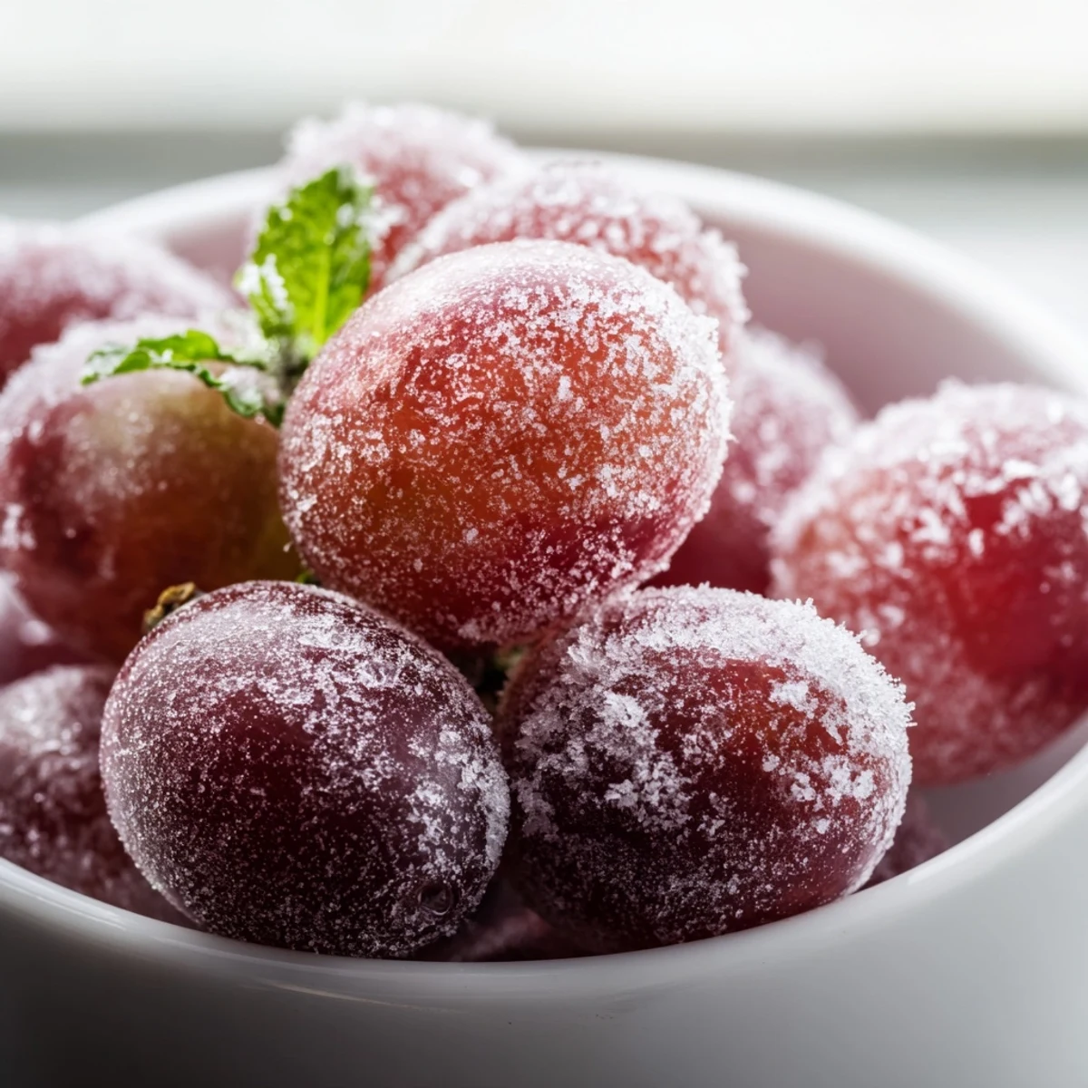 Frozen grapes arranged neatly on parchment paper, appearing crisp and juicy as a healthy, vegan snack.