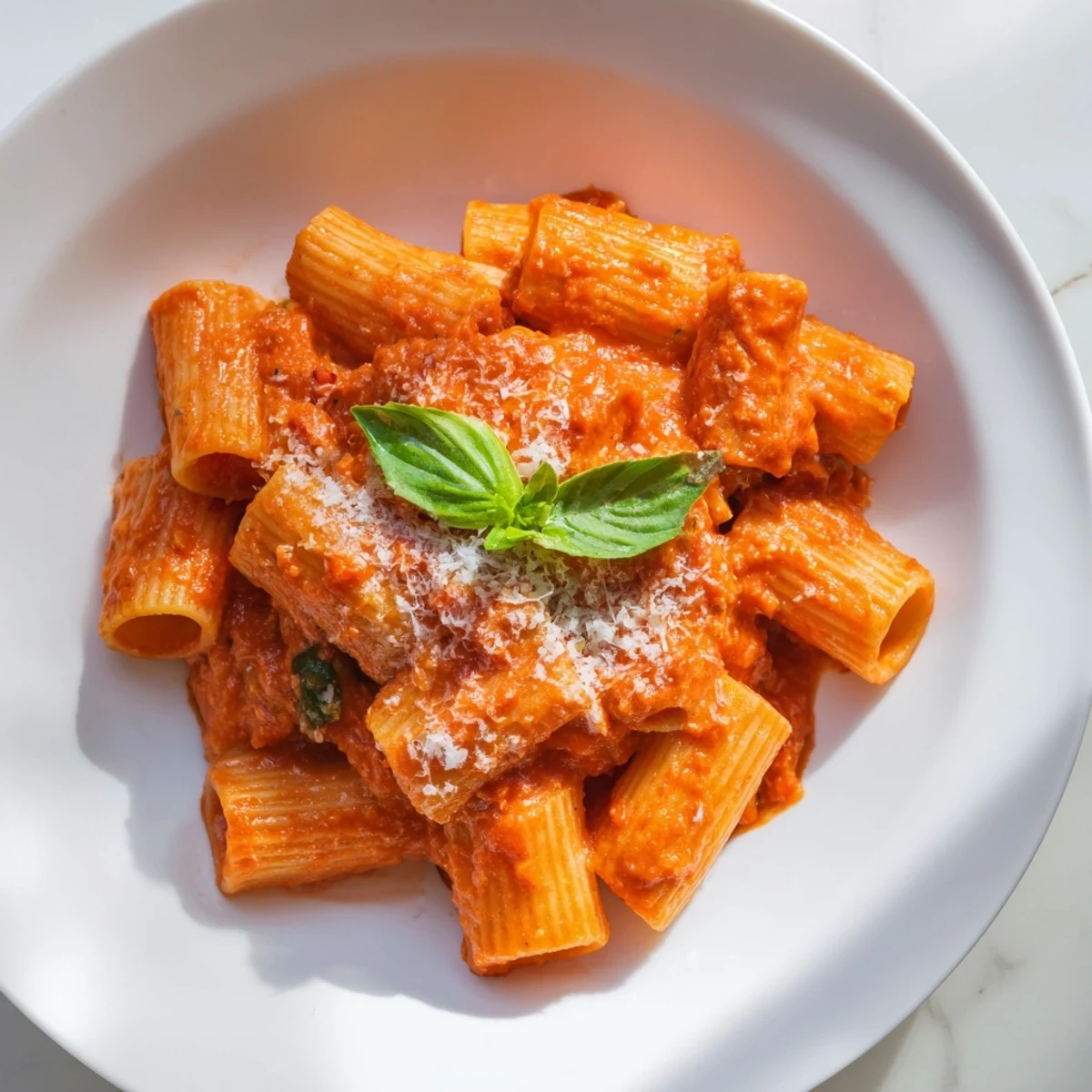 The vibrant orange-red Hidden Veggie Tomato Pasta Sauce simmers in a stainless steel pot, steaming gently.  