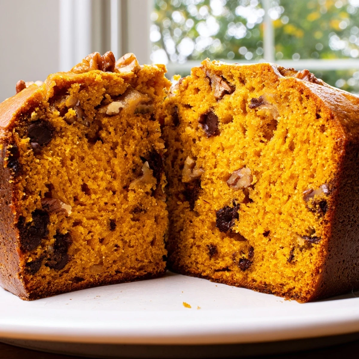 Golden-brown pumpkin bread loaf, sliced thick to reveal a moist, tender crumb speckled with chopped walnuts, served on a rustic wooden board.  