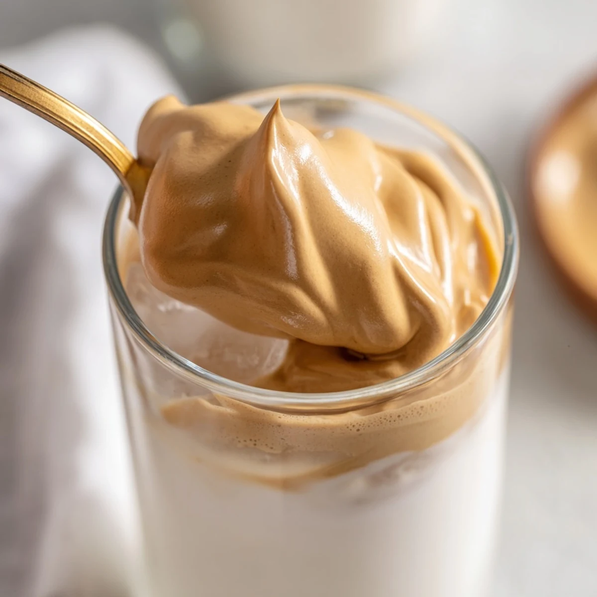 A close-up of creamy Whipped Dalgona Coffee layered over cold milk with ice cubes, showcasing a thick, tan foam topping.