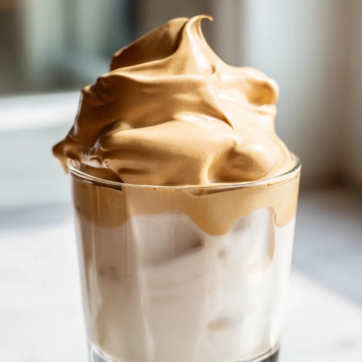 Stirring Whipped Dalgona Coffee into a glass of milk, creating a creamy marbled effect for a smooth morning beverage.