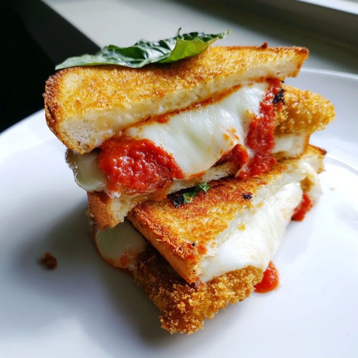 Crispy fried chicken cutlet, melted mozzarella, and warm marinara layered between golden garlic butter bread slices, creating the ultimate Chicken Parm Grilled Cheese sandwich.