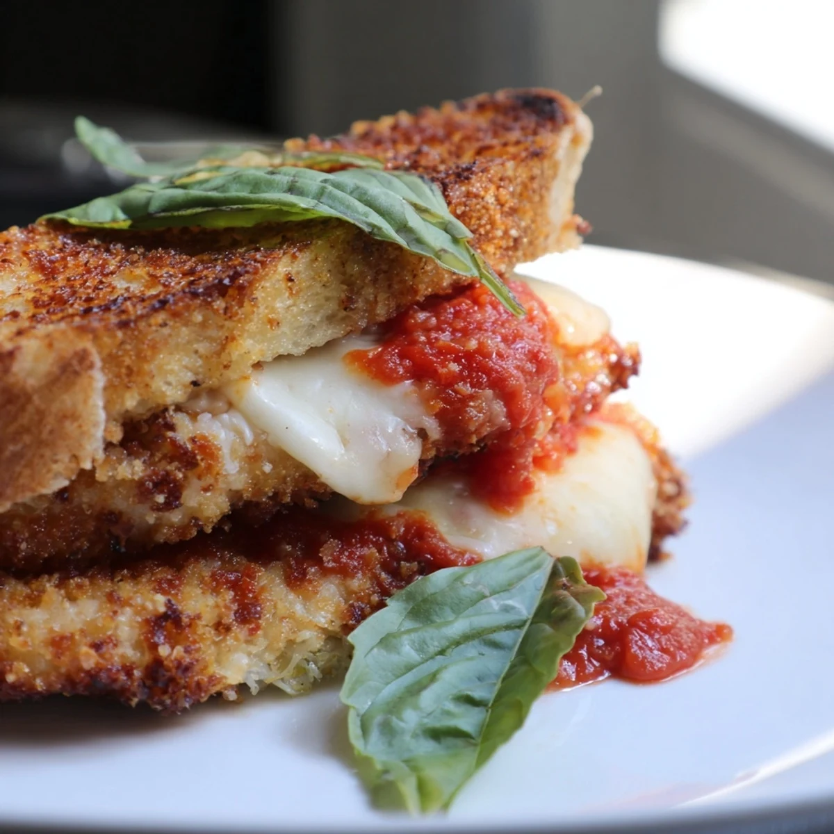 A close-up of the Chicken Parm Grilled Cheese reveals layers of crispy chicken, zesty marinara, and melted cheese on buttery, toasted sourdough.