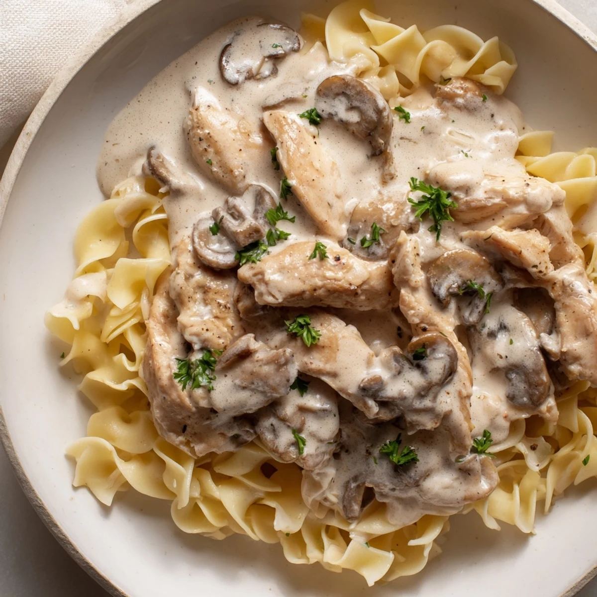 Golden-brown chicken strips and sautéed cremini mushrooms simmer in a creamy paprika sauce, served over tender egg noodles in this Chicken and Mushroom Stroganoff.