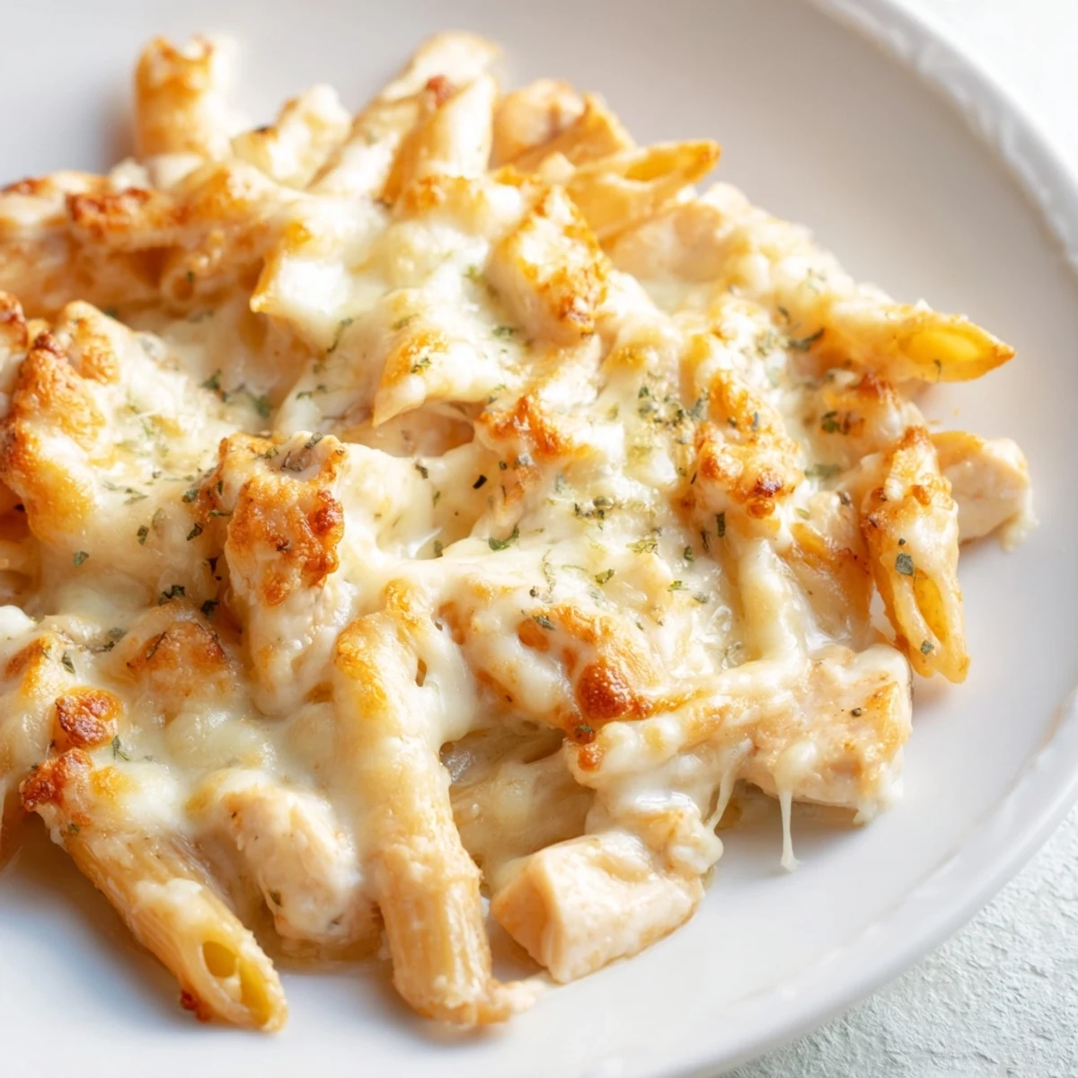 Golden-brown Chicken Ranch Pasta Bake fresh from the oven, with bubbly mozzarella and fresh chives on top.
