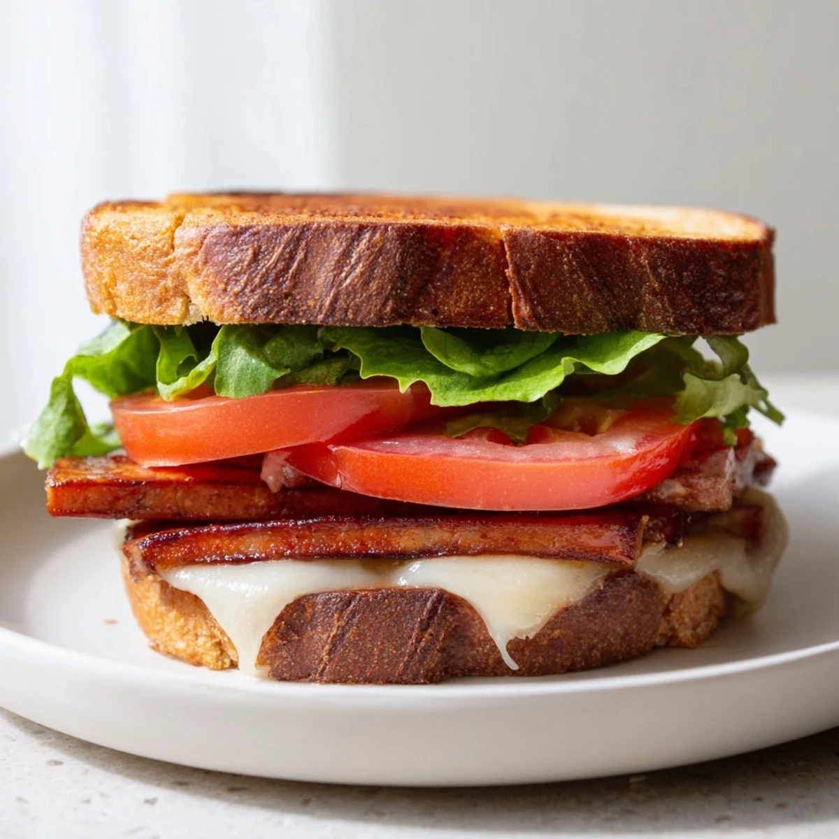 Golden-brown sourdough grilled cheese sandwich filled with smoky tempeh bacon, fresh lettuce, tomato, and melted vegan cheese, cut in half on a rustic plate.