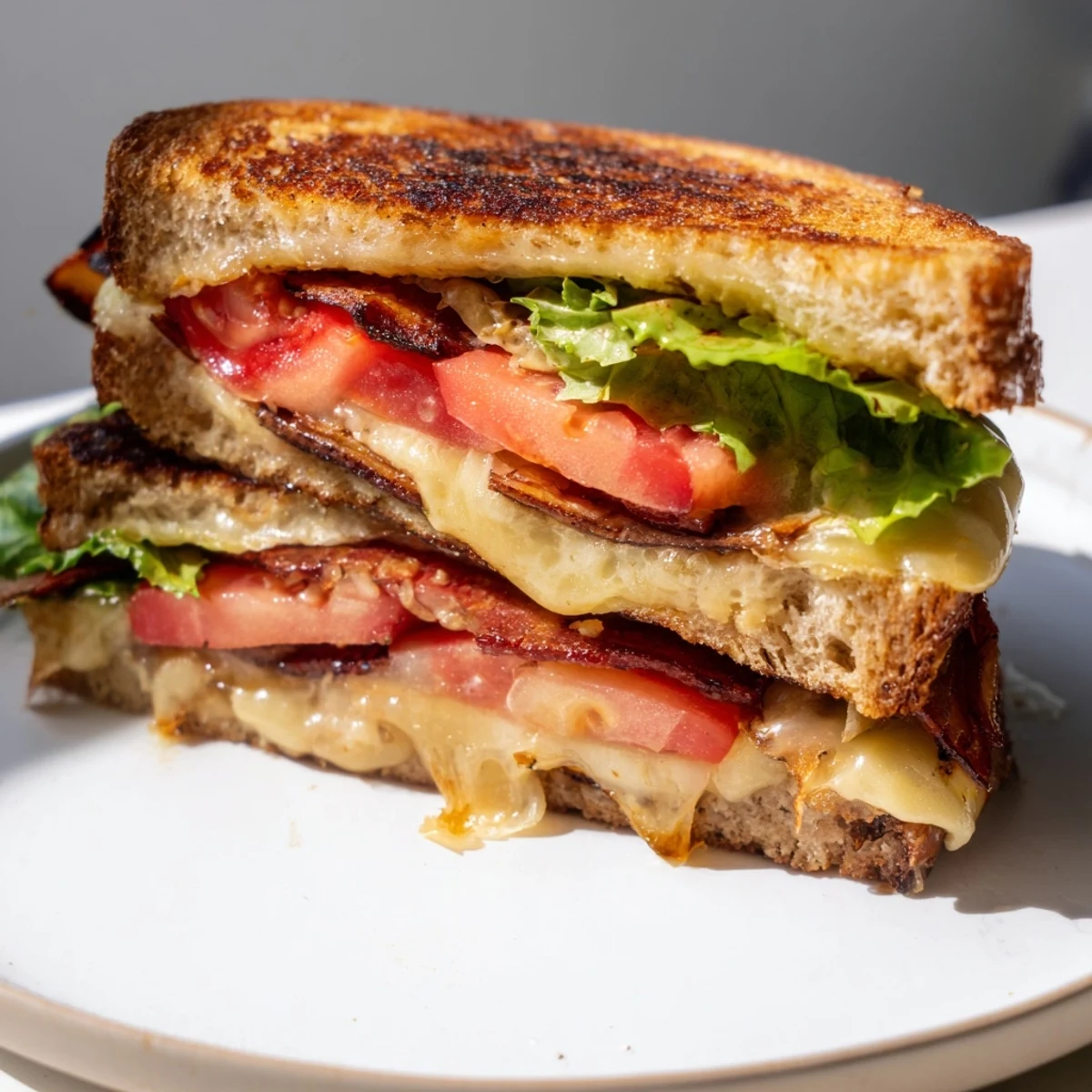 A close-up view of a vegan BLT grilled cheese, showing layers of crisp romaine lettuce, juicy tomato slices, and sizzling smoky tempeh bacon between toasted bread.