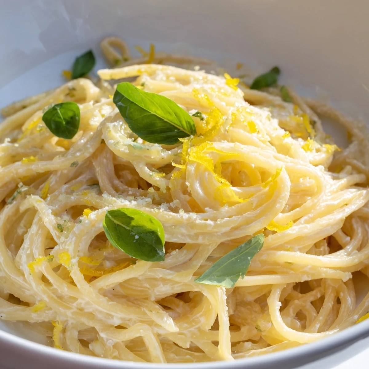 Cozy bowl of Lemon Ricotta Pasta, spaghetti tossed in a creamy ricotta-lemon sauce garnished with fresh basil and grated Parmesan.  