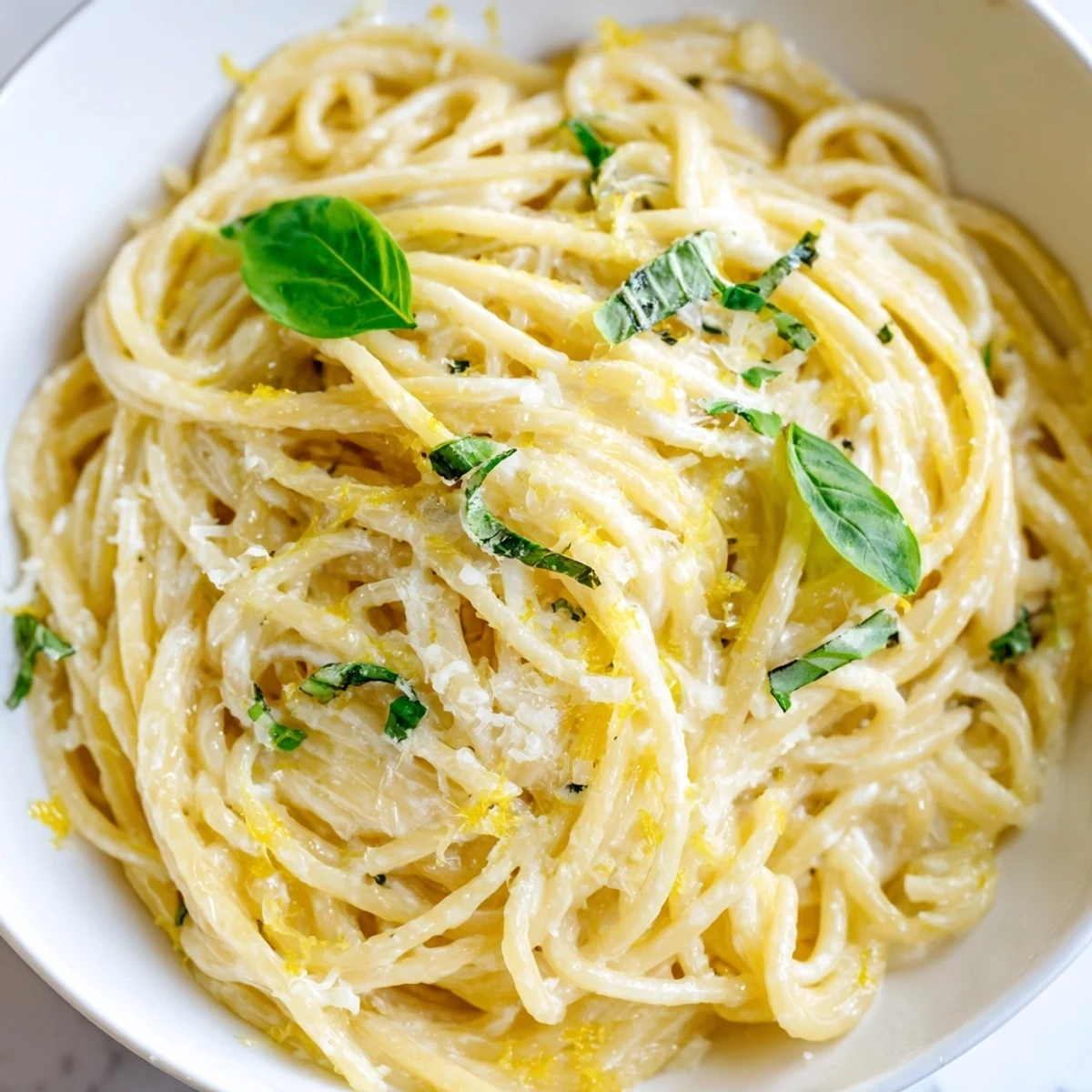 A vibrant plate of Lemon Ricotta Pasta, bright lemon zest and fresh herbs enhance the creamy ricotta sauce over spaghetti.
