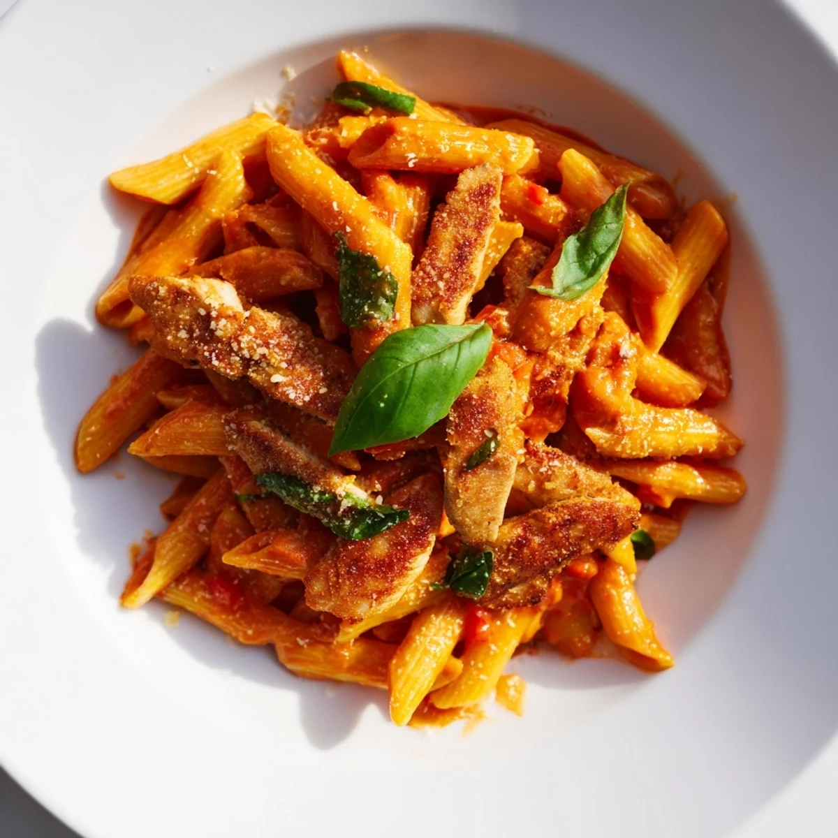 Close-up of spicy tomato chicken pasta with penne, juicy chicken, and glistening chili-infused tomato sauce for a flavorful meal.