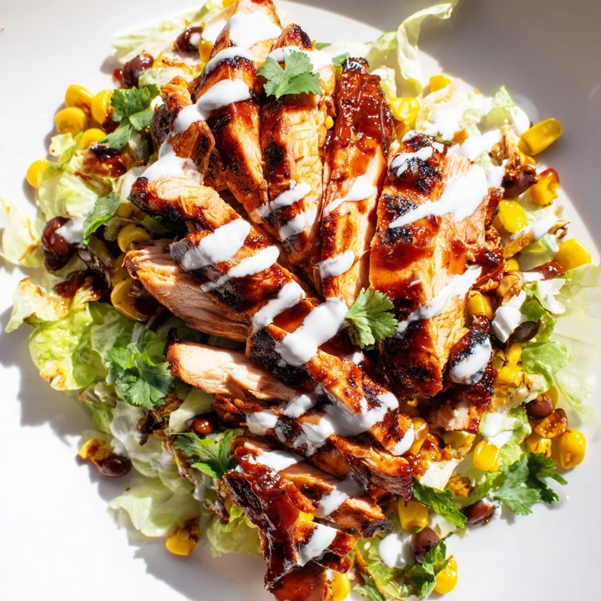 Colorful BBQ Chicken Salad featuring sliced avocado and corn, ready for a satisfying summer meal.