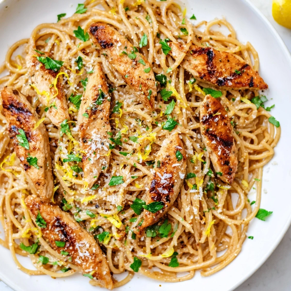Golden brown butter sauce clings to tender spaghetti and seared chicken breast, garnished with fresh parsley and lemon wedges on a rustic plate.