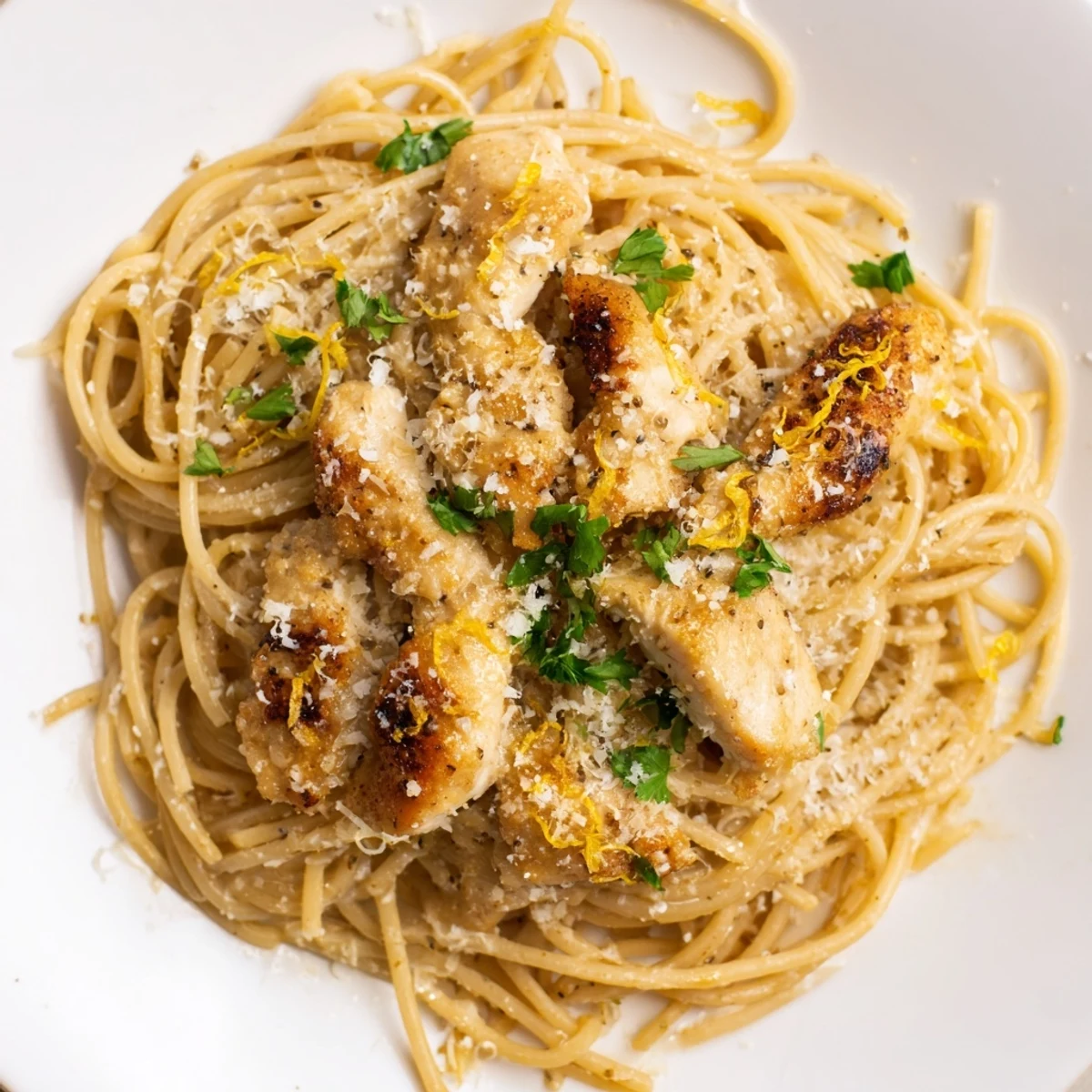 A close-up of Brown Butter Lemon Chicken Pasta with nutty butter, bright lemon zest, and grated Parmesan over twirled spaghetti.