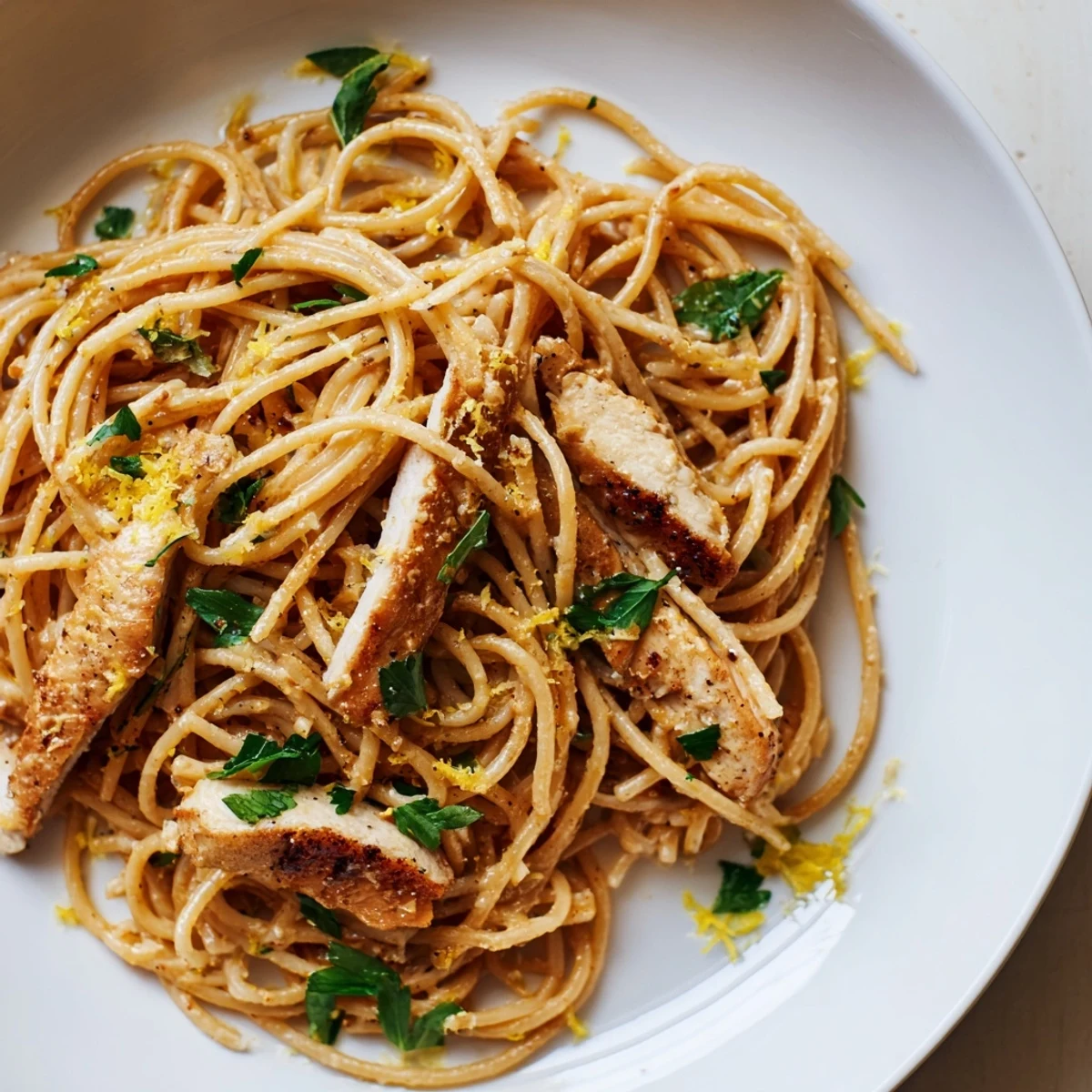 Sizzling skillet of Brown Butter Lemon Chicken Pasta, featuring glossy sauce, fresh herbs, and extra lemon wedges for a citrusy finish.