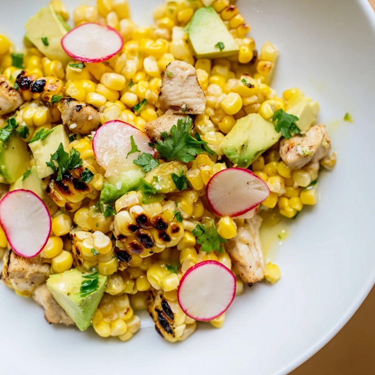 A vibrant bowl of Roasted Corn & Chicken Chopped Salad with grilled chicken, charred corn, avocado, and crisp radishes in lime dressing.
