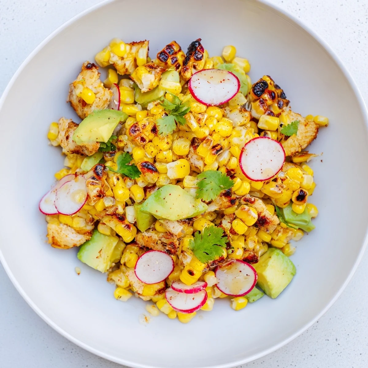A close-up of Roasted Corn & Chicken Chopped Salad featuring juicy chicken, creamy avocado, and smoky corn on a bed of romaine.