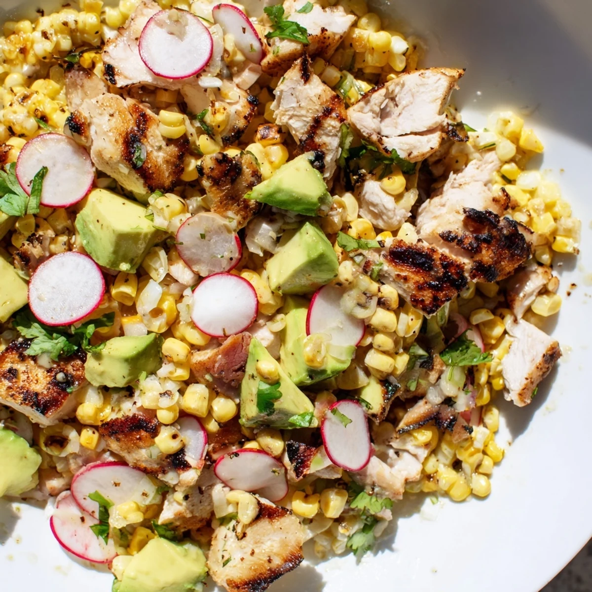 Colorful plated Roasted Corn & Chicken Chopped Salad garnished with cilantro, cherry tomatoes, and red onion, ready for a light lunch.
