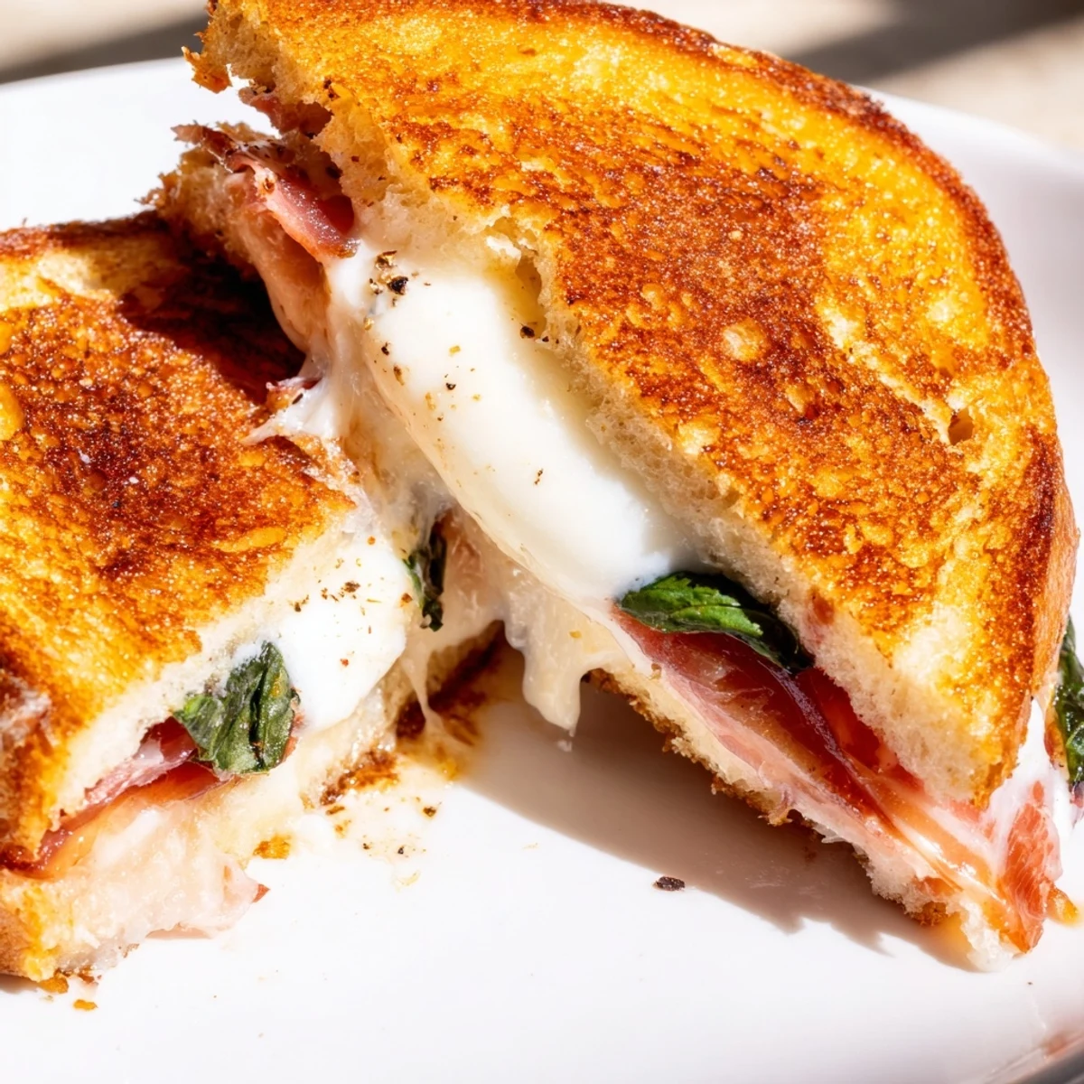 Golden sourdough grilled cheese sandwich filled with melted burrata and crispy prosciutto, served on a wooden cutting board.