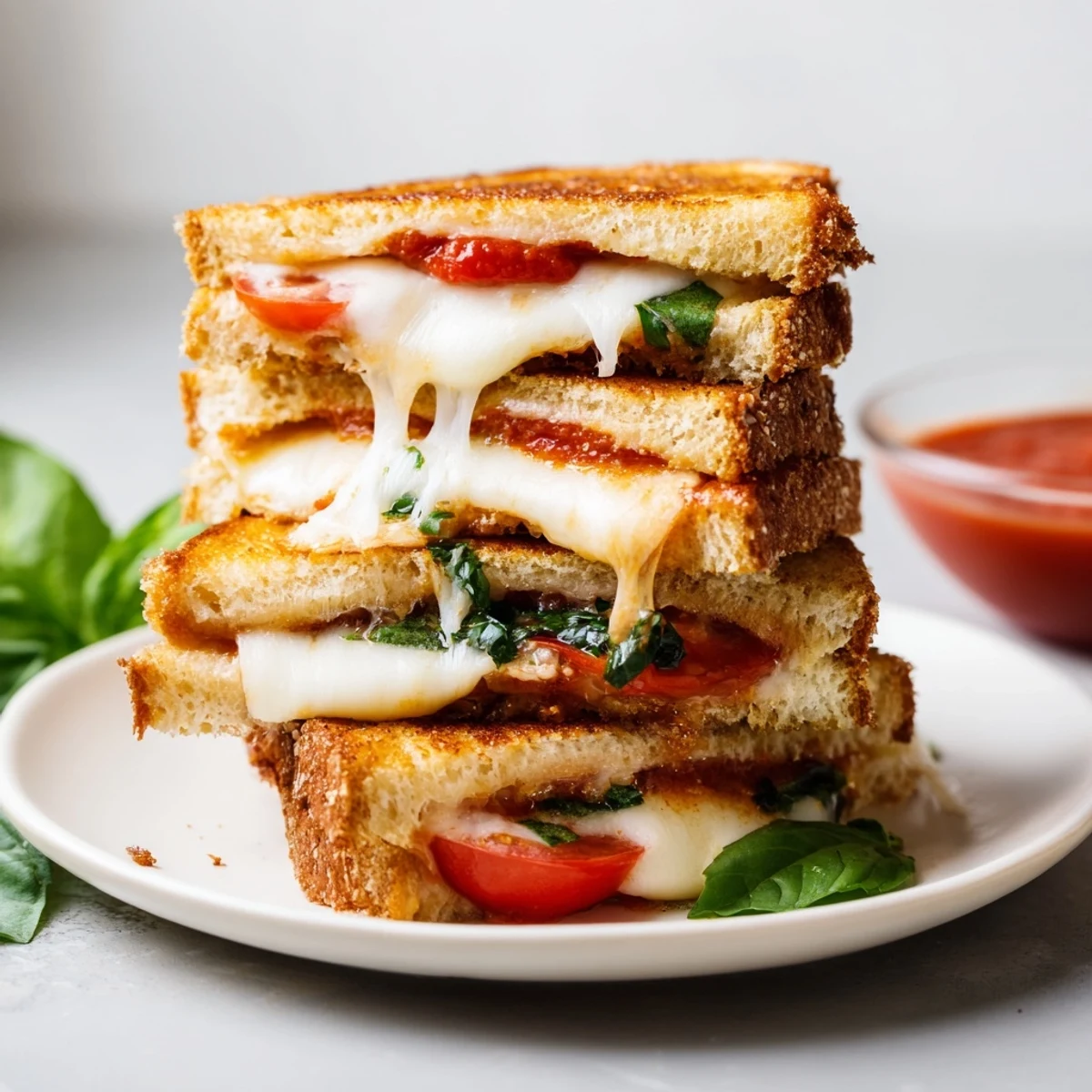 Golden-brown Caprese Grilled Cheese Dippers rest on a wooden board beside a small bowl of warm marinara sauce.