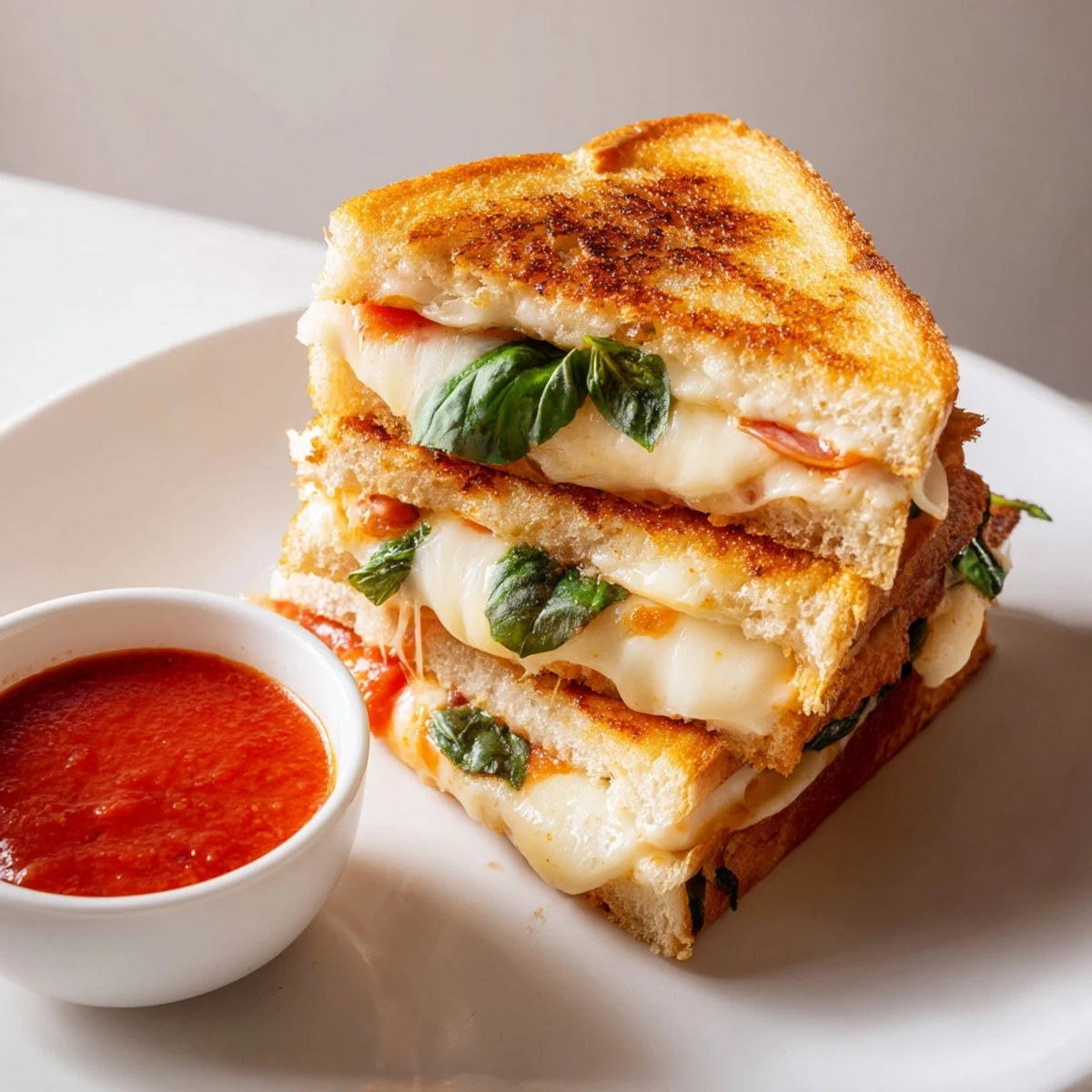 Fresh tomatoes and mozzarella melt inside these Caprese Grilled Cheese Dippers, served with a side of tangy dipping sauce.