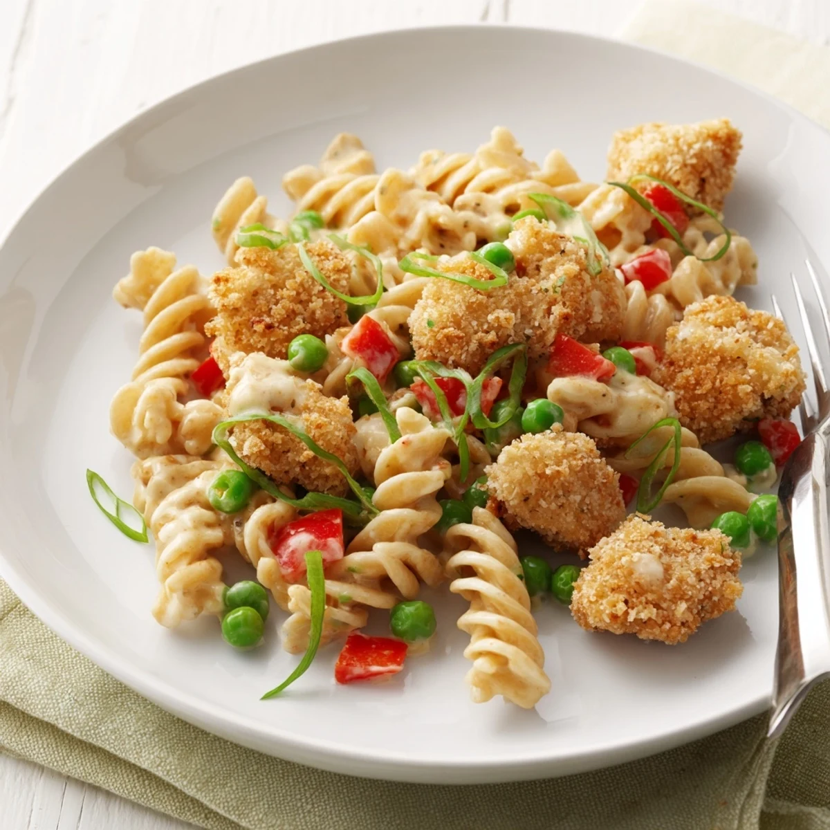 A close-up of Crispy Chicken Ranch Pasta Salad with golden panko-breaded chicken bites nestled among rotini pasta, vibrant peas, and diced red bell peppers in a creamy ranch dressing.