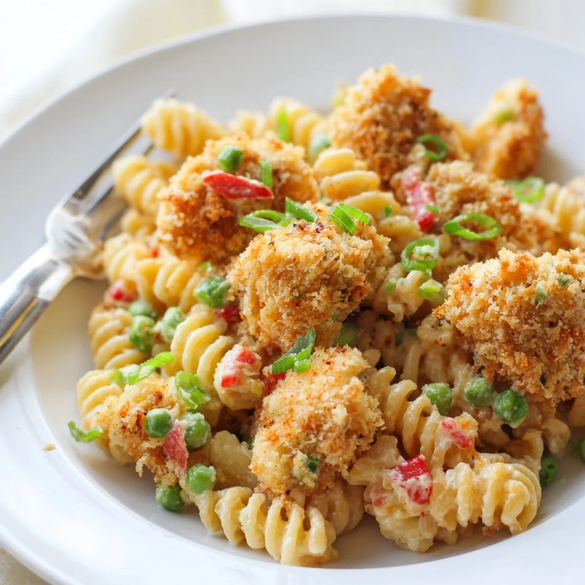 Fresh green onions and dill garnish this vibrant Crispy Chicken Ranch Pasta Salad, showcasing the crunchy chicken pieces and colorful vegetables tossed in a rich, creamy ranch dressing.