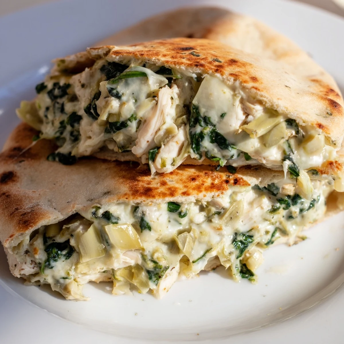 Golden-brown, lightly toasted pita pockets stuffed with creamy spinach, artichoke, and tender chicken, garnished with fresh parsley.