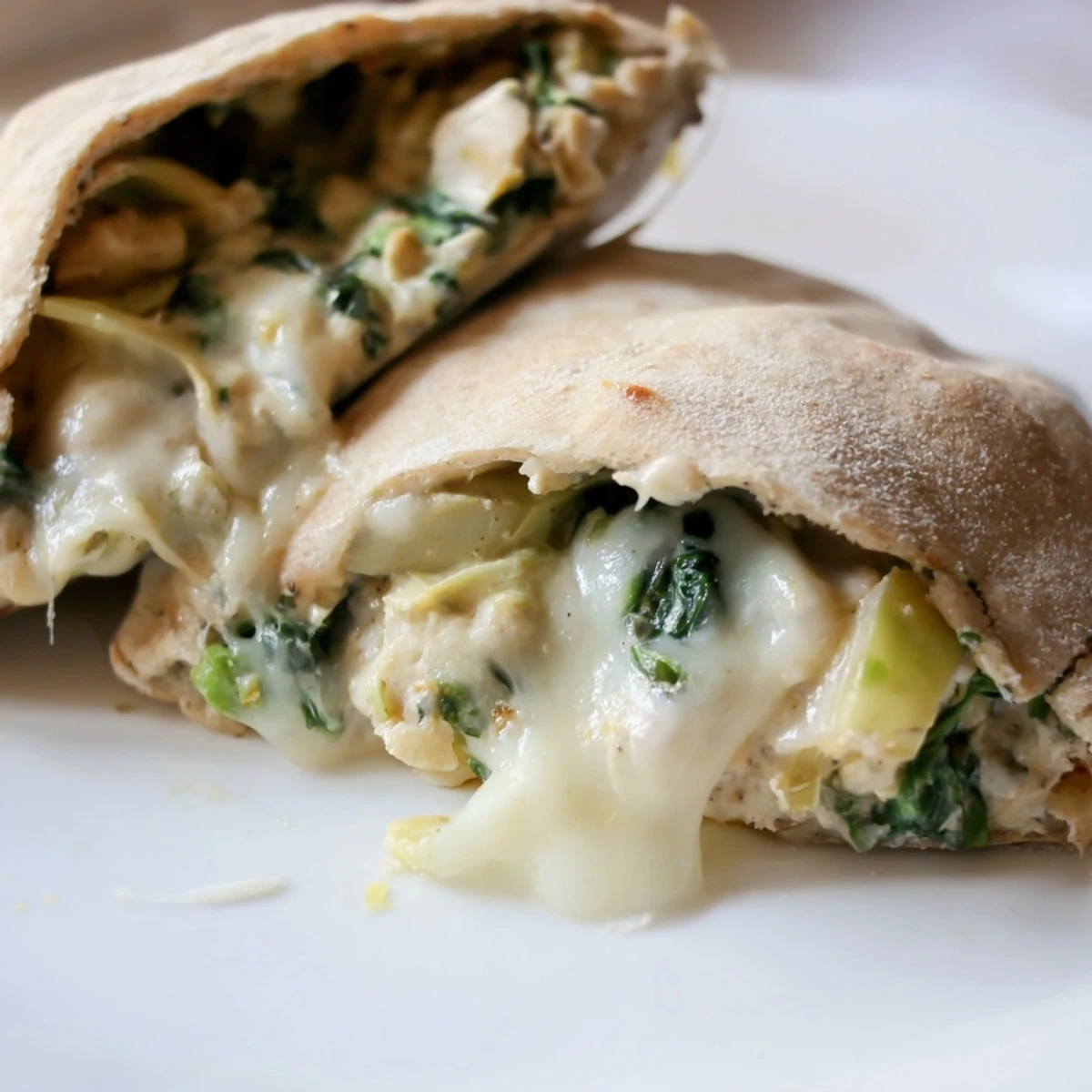 Golden-brown baked pita halves filled with spinach artichoke chicken, melted mozzarella, and a hint of fresh lemon.