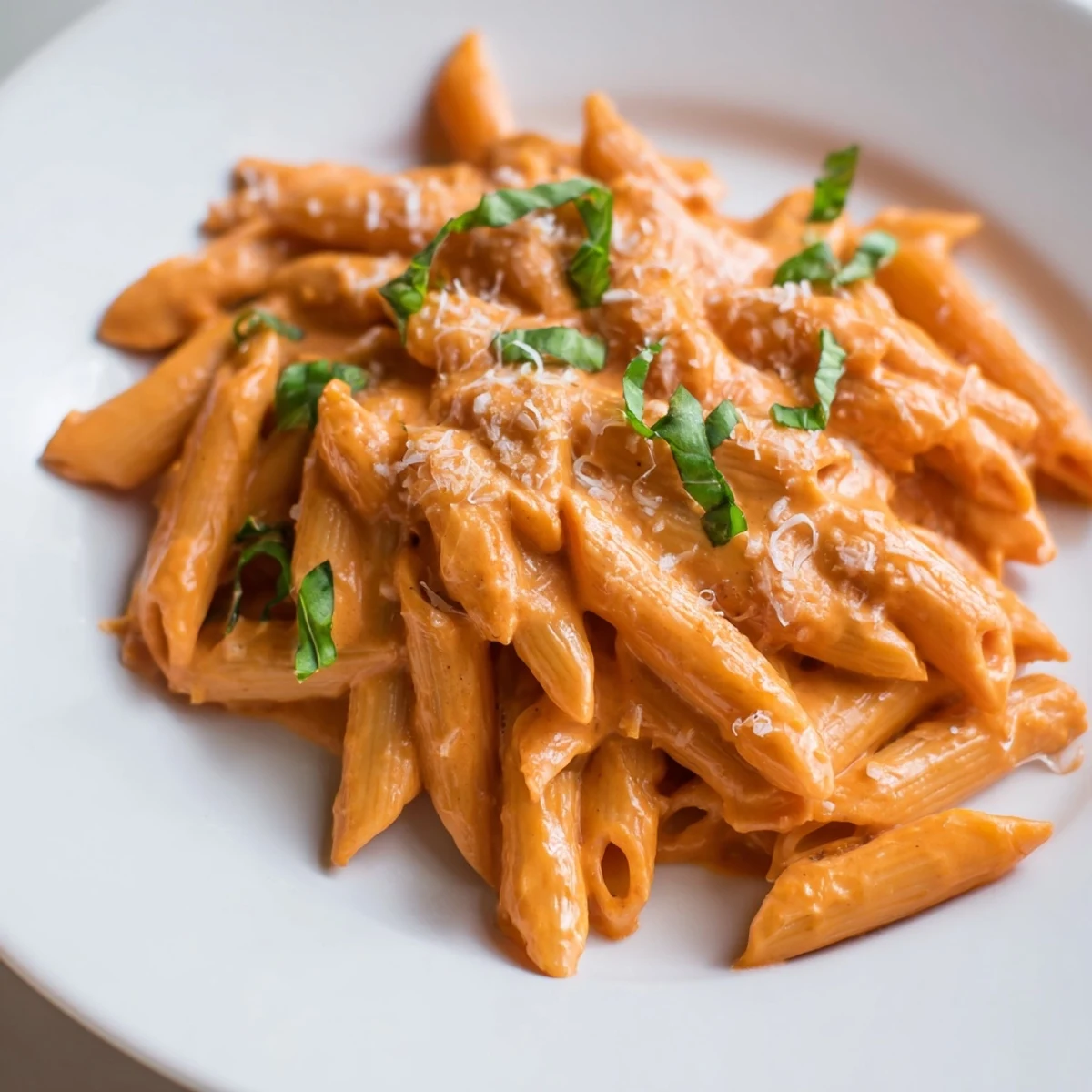 Creamy roasted red pepper pasta twirls on a fork, with vibrant red sauce clinging to penne and fresh basil garnish.