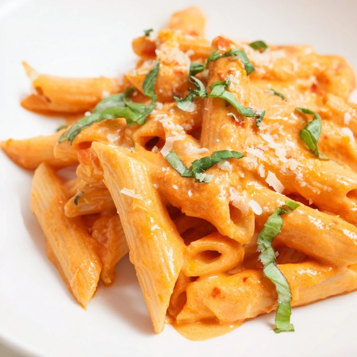 Plated creamy roasted red pepper pasta with grated Parmesan and parsley, served warm with crusty bread on the side.