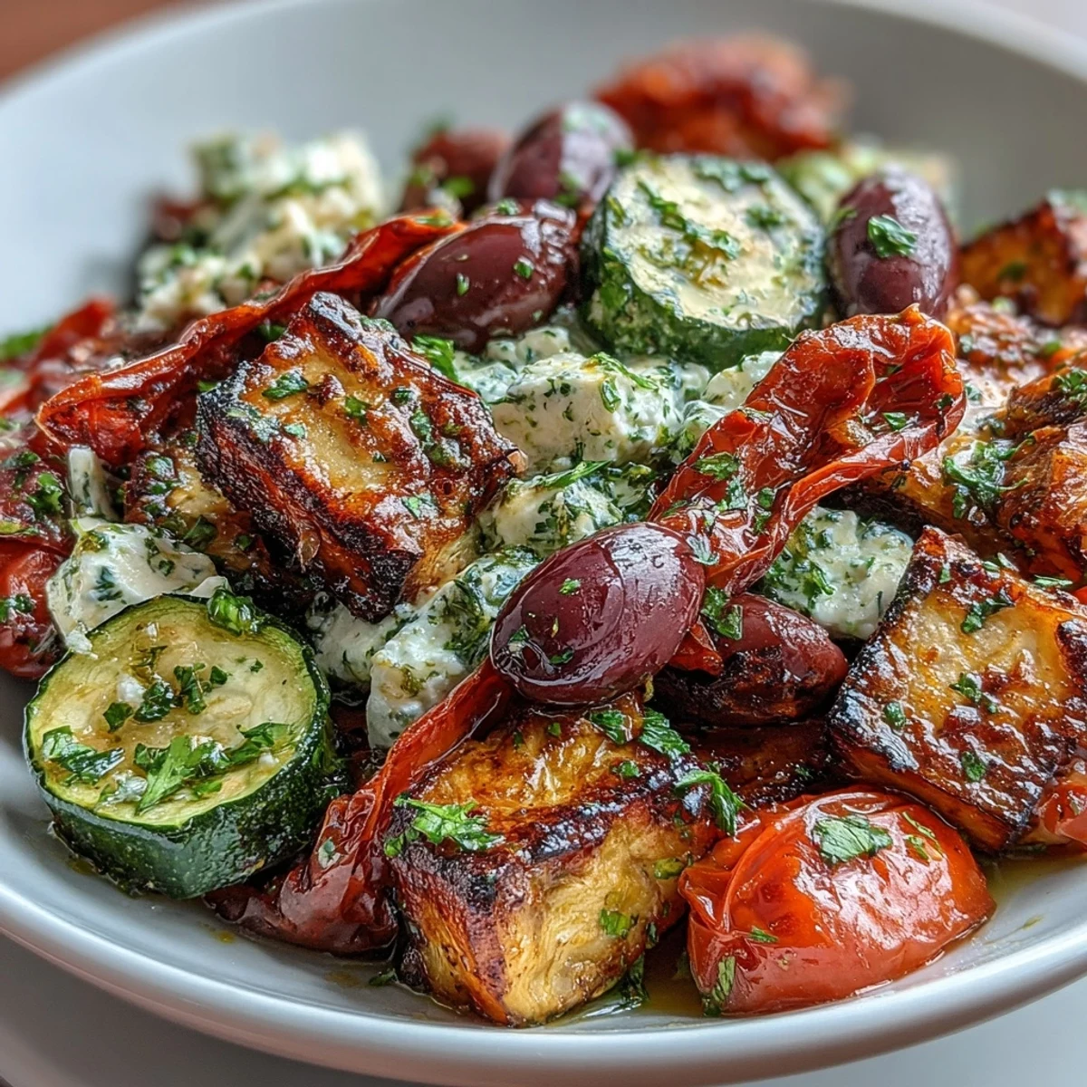 Vibrant roasted Greek salad on a platter, featuring caramelized peppers, onions, zucchini, and tomatoes, perfect for dinner.