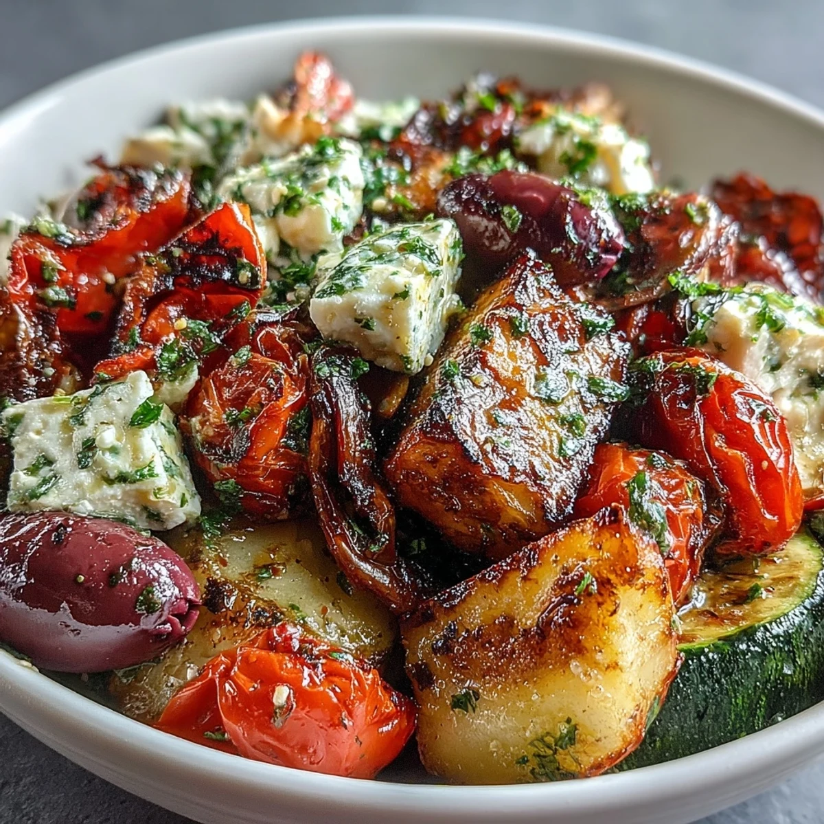 Roasted Greek salad served warm over sliced cucumbers, drizzled with lemon-oregano vinaigrette, garnished with parsley.