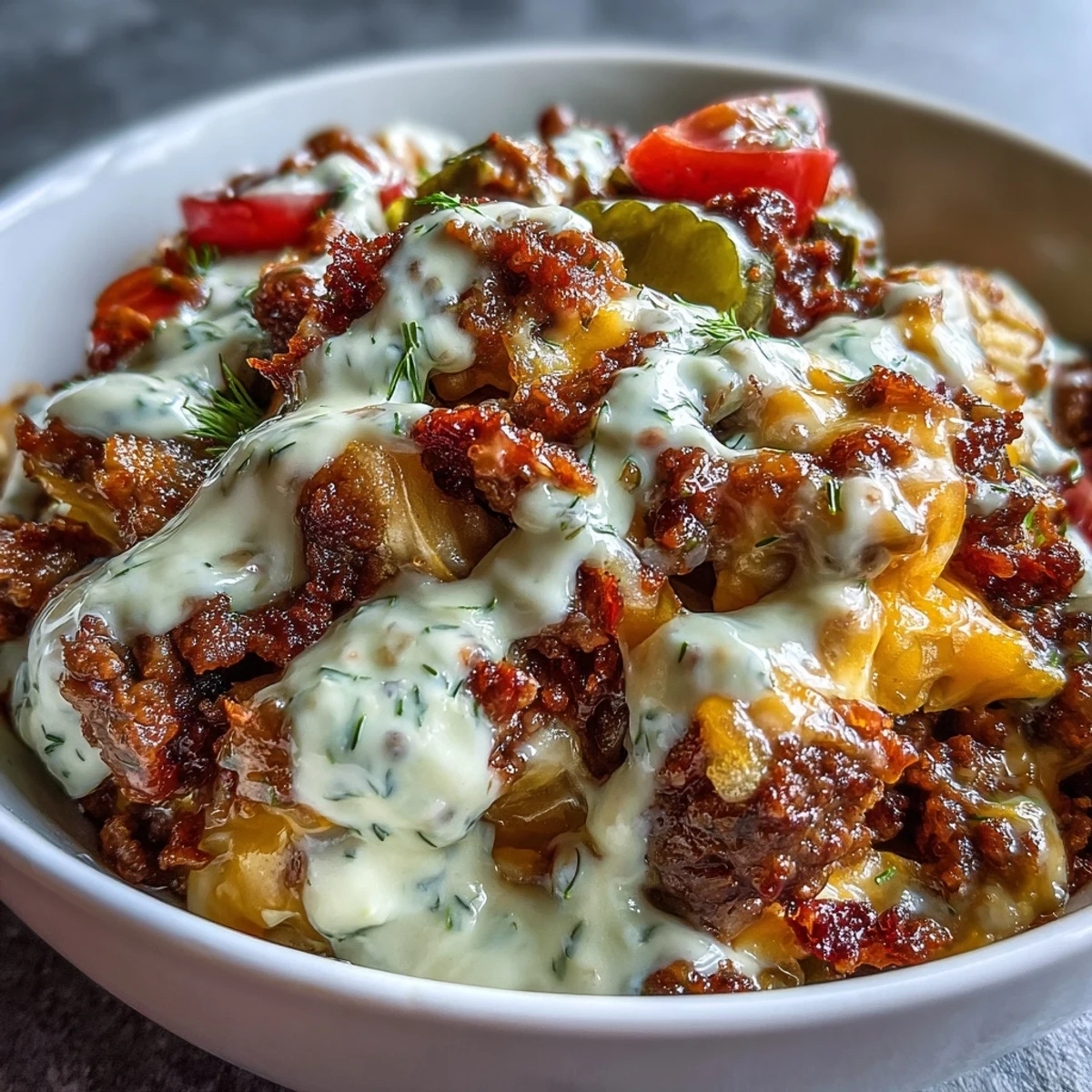This deconstructed burger bowl shows bright cherry tomatoes and red onion slices, drizzled with a creamy homemade Big Mac style special sauce.