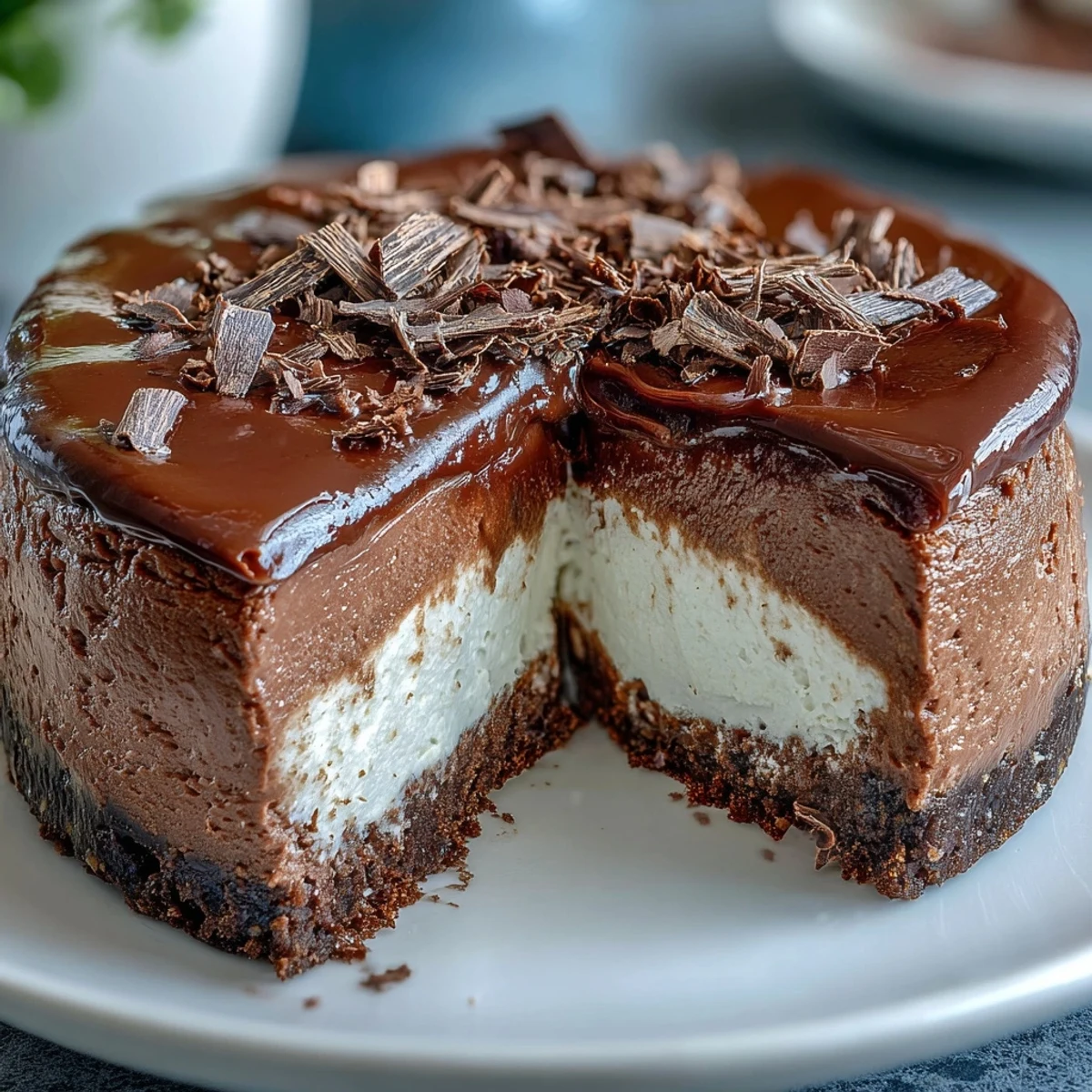 A slice of Lighter Chocolate Cottage Cheese Cheesecake, topped with dark chocolate shavings and a dollop of creamy Greek yogurt, sits on a rustic plate.