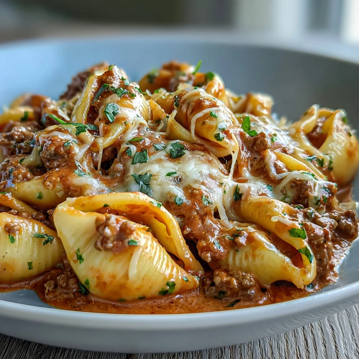 Creamy one pot beef and shells pasta simmered in a rich tomato sauce, topped with melted cheddar and fresh parsley.