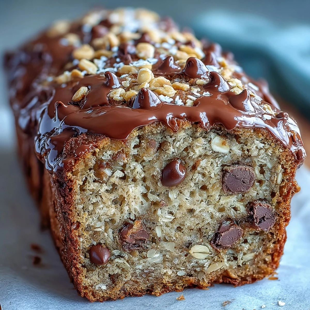 A freshly baked loaf of Chocolate Chip Peanut Butter Oatmeal Banana Bread cooling on a wire rack, with melty chocolate chips glistening on top.