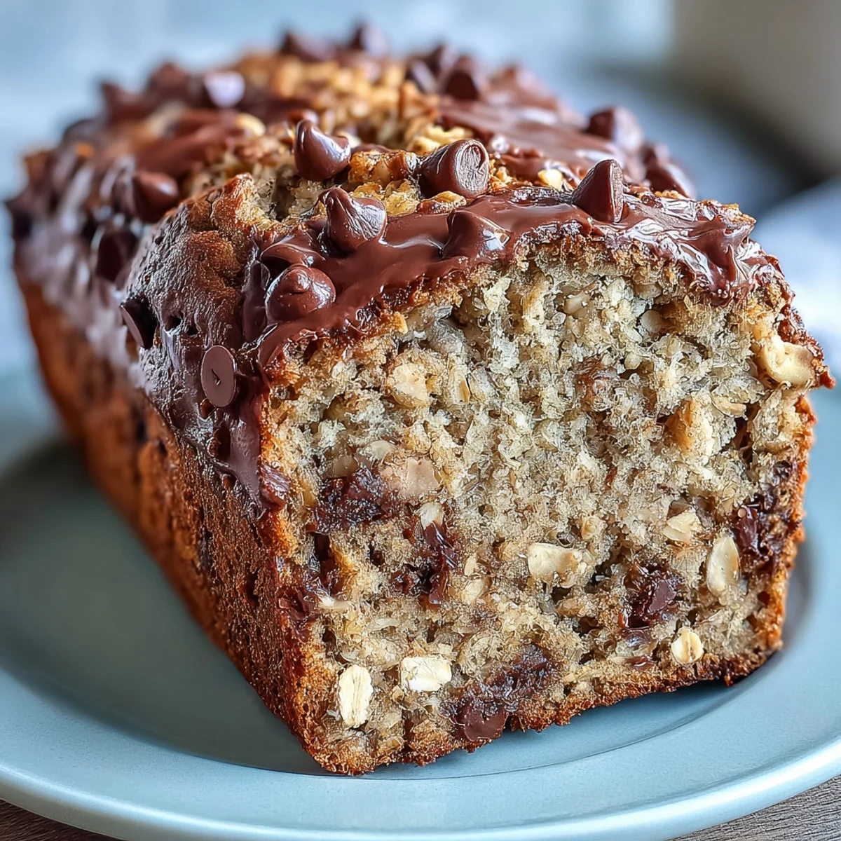 A rustic wooden board showcases the whole Chocolate Chip Peanut Butter Oatmeal Banana Bread, garnished with chopped peanuts and ripe bananas.