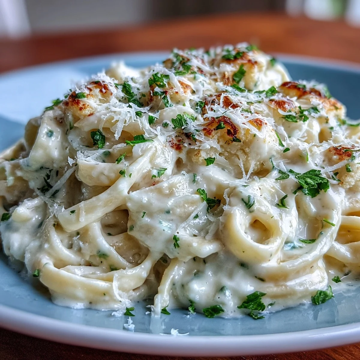 Steaming bowl of Easy Creamy Cauliflower Alfredo fettuccine tossed in a velvety, pale orange sauce, garnished with fresh parsley.  