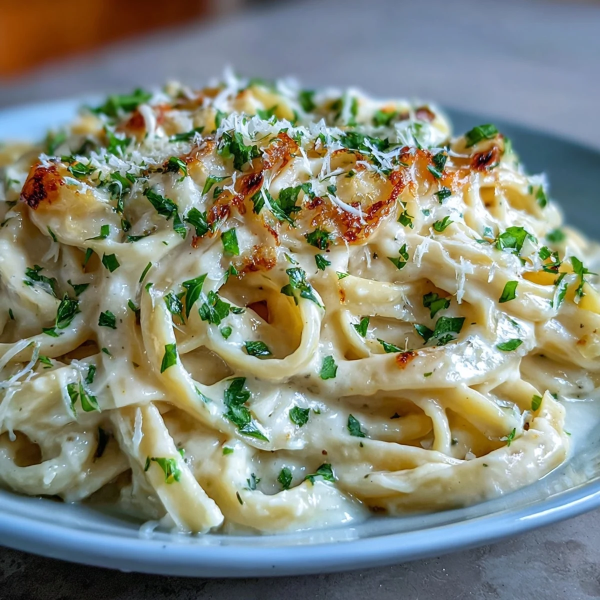 Easy Creamy Cauliflower Alfredo pasta plated with a fork, showing the silky sauce coating each strand and a sprinkle of Parmesan.  